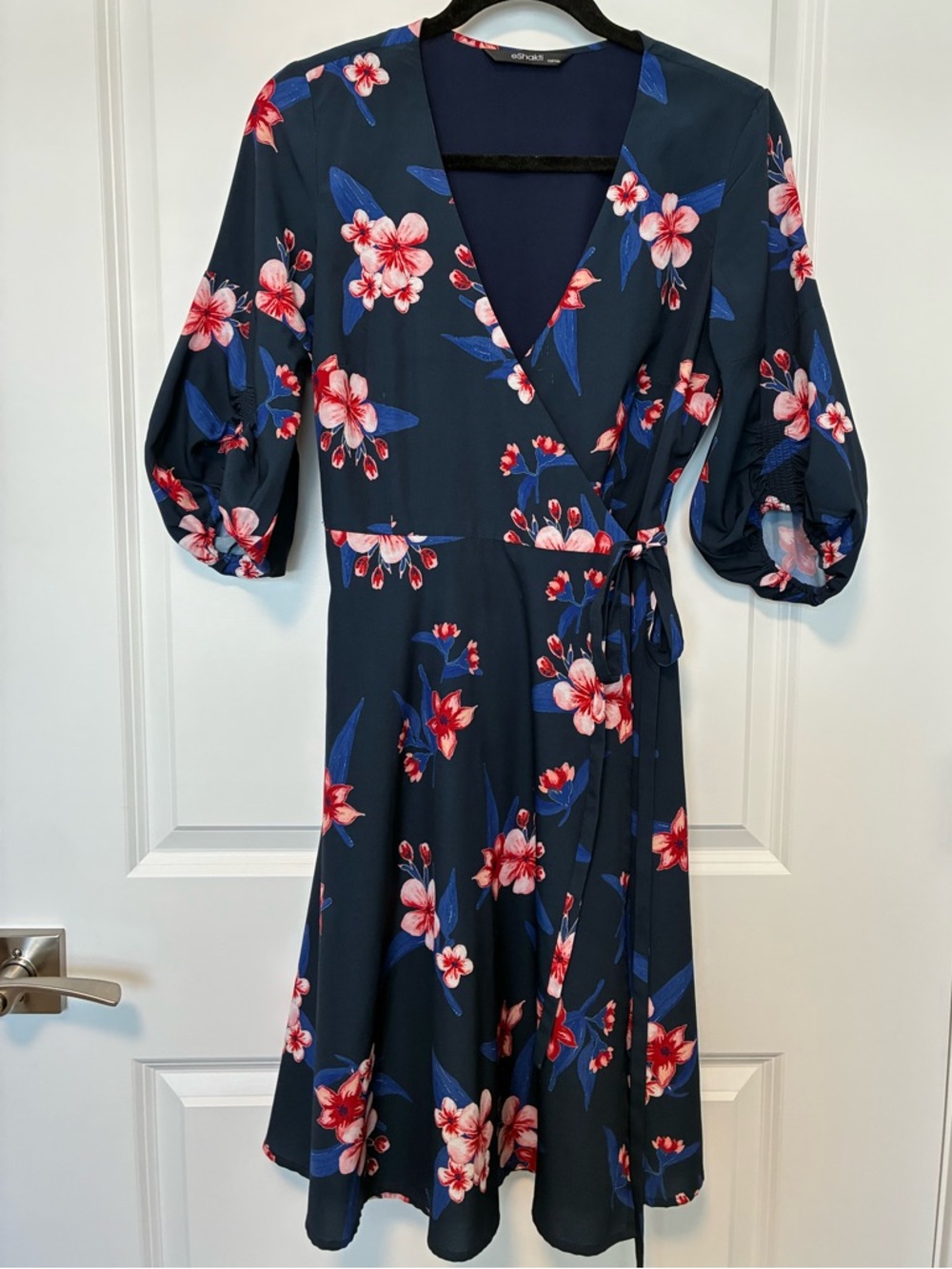 Floral Wrap Midi Dress - Navy with Pink Blossoms